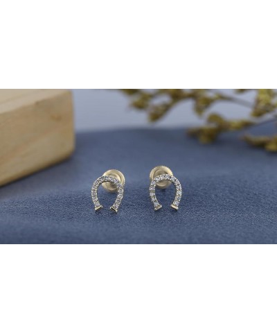 Round White Diamond Horse Shoe Stud Earrings for Her (0.10 ctw, Color I-J, Clarity I1-I3) in Gold 18K - Metal Stamp Screw Bac...