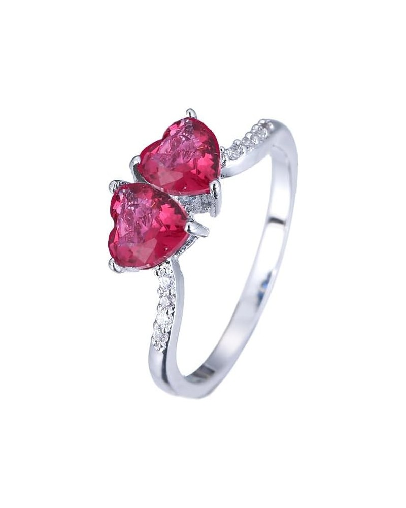 Silver Plated 7x7mm Double Heart Cut Created Ruby Spinel Cubic Zirconia Filled Halo Wedding Engagement Band Elegant Women's R...