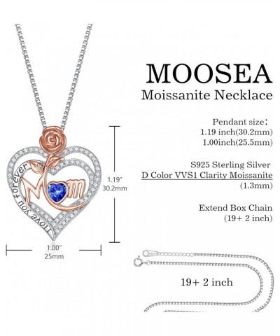 Mom Necklace for Women, Moissanite Diamond Side Stone Rose Heart Birthstone Necklace 18K White Gold Vermeil Interlocking Hear...