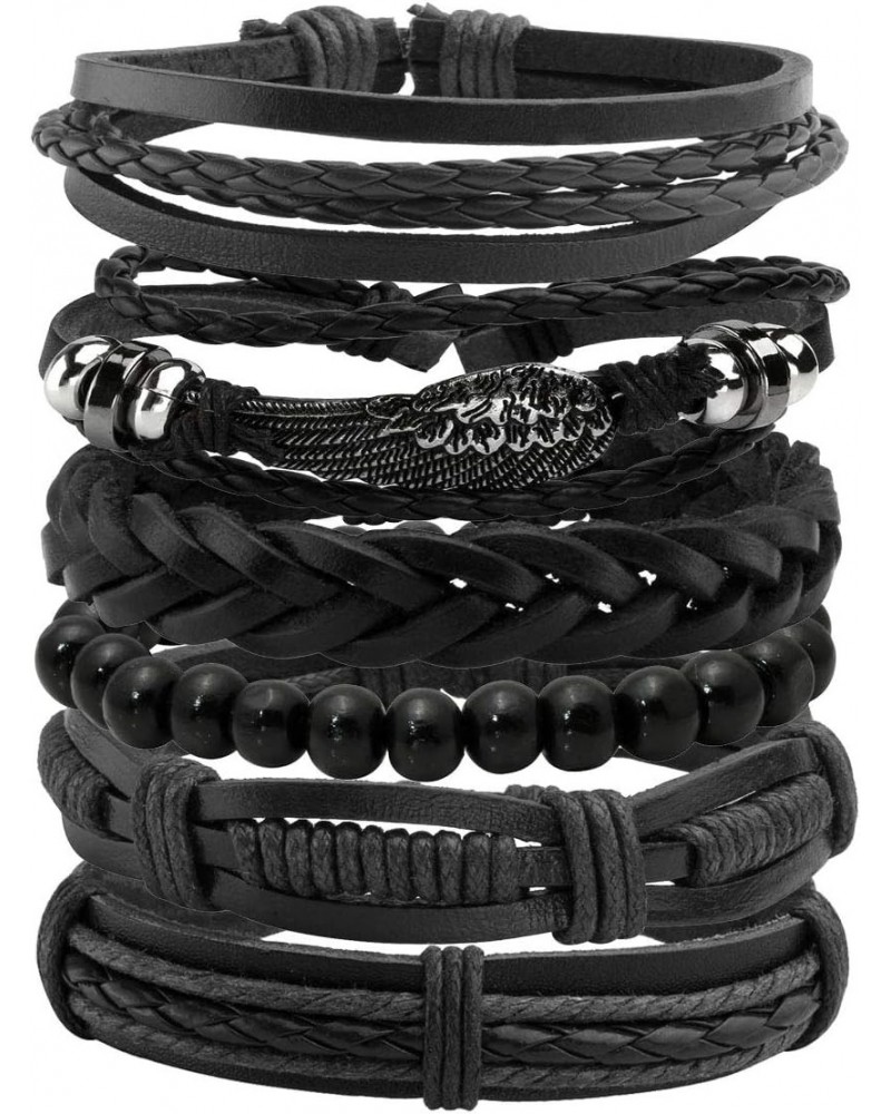 6PCS Braided PU Leather Bracelet Punk Cuff Wrap Bracelets for Men Women Adjustable Black $4.78 Bracelets