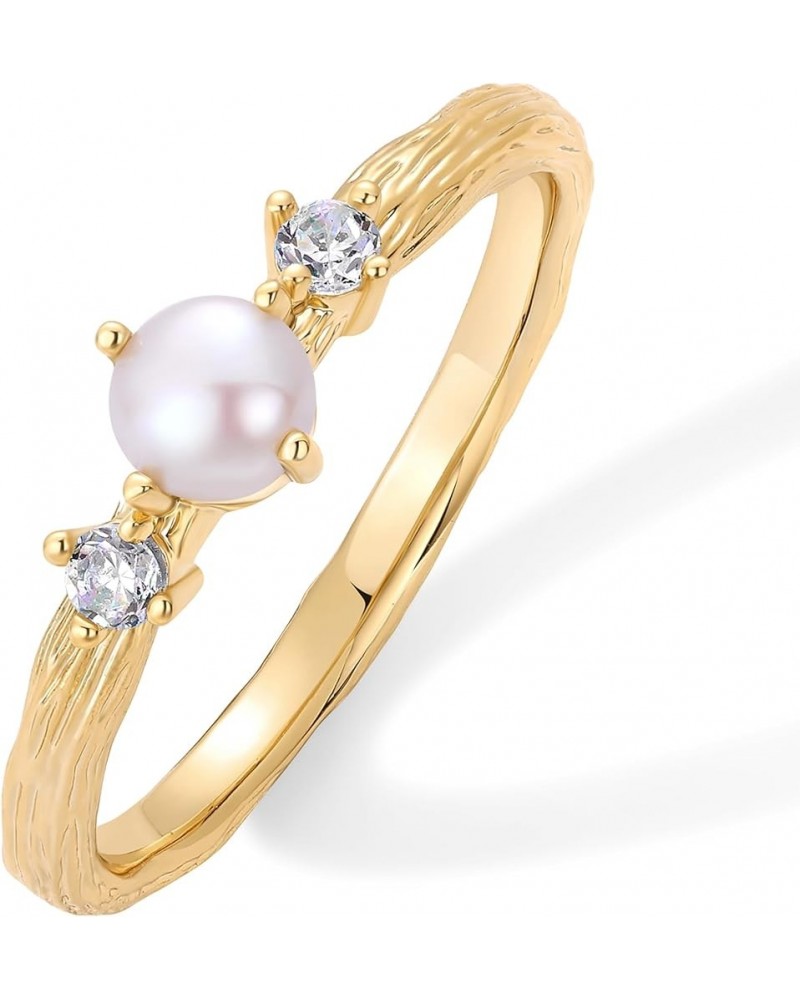 14K Gold Plated Pearl Hammered Ring for Women | Dainty Elegant Stackable Cubic Zirconia Thin Band for Women Yellow Gold $9.51...