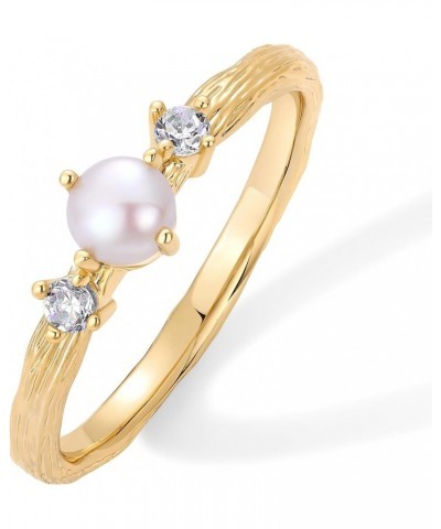 14K Gold Plated Pearl Hammered Ring for Women | Dainty Elegant Stackable Cubic Zirconia Thin Band for Women Yellow Gold $9.51...