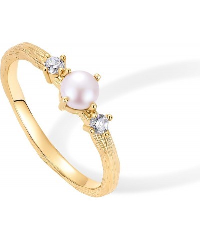 14K Gold Plated Pearl Hammered Ring for Women | Dainty Elegant Stackable Cubic Zirconia Thin Band for Women Yellow Gold $9.51...