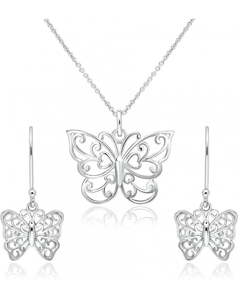 Butterfly Necklace Jewelry Set for Women – Sterling Silver Necklace Set with Dangle Drop Earrings – Elegant Filigree Trendy J...