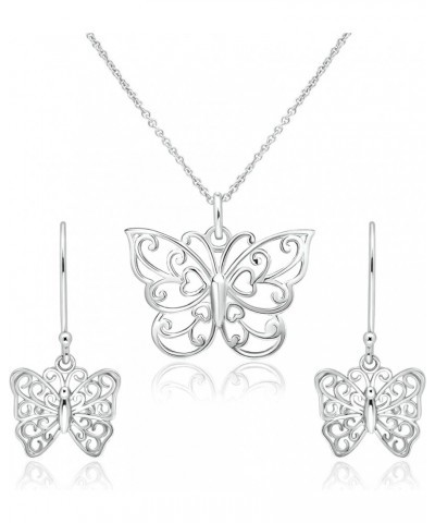 Butterfly Necklace Jewelry Set for Women – Sterling Silver Necklace Set with Dangle Drop Earrings – Elegant Filigree Trendy J...