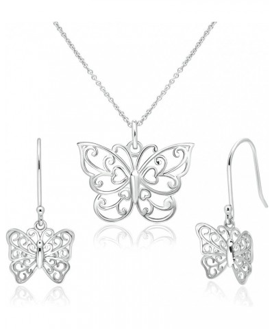 Butterfly Necklace Jewelry Set for Women – Sterling Silver Necklace Set with Dangle Drop Earrings – Elegant Filigree Trendy J...