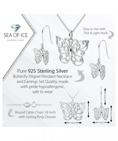 Butterfly Necklace Jewelry Set for Women – Sterling Silver Necklace Set with Dangle Drop Earrings – Elegant Filigree Trendy J...