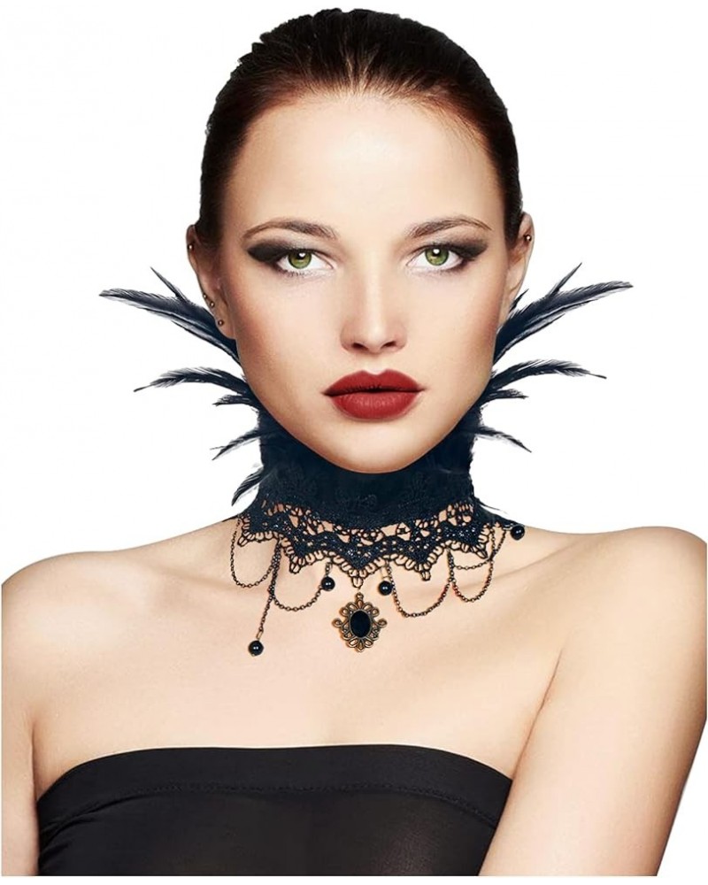 Feather Choker Necklace Gothic Jewelry Vampire Neck Chain Steampunk Tattoo Lace Accessories Halloween Costume Black-2 $8.82 N...