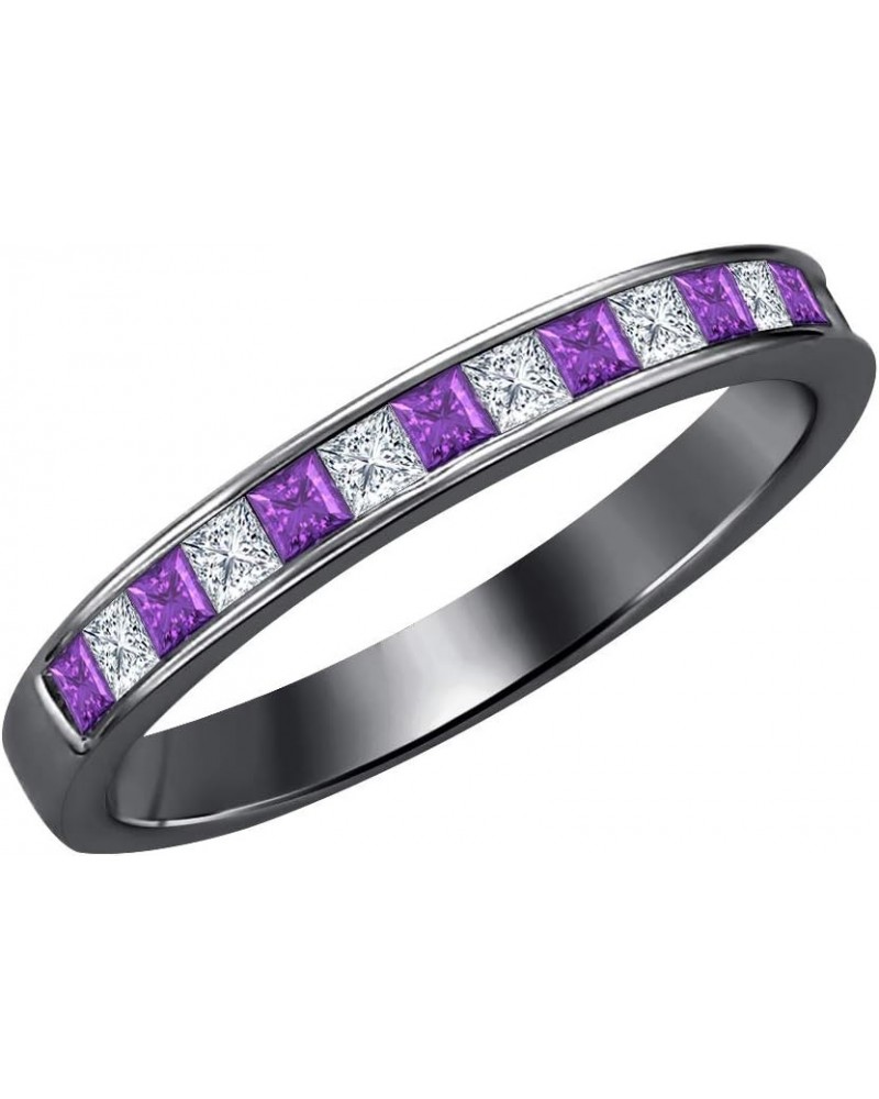 Princess Cut Gemstone 14k Black Gold Over .925 Sterling Silver Engagement Wedding Band Ring for Women's created-amethyst & wh...