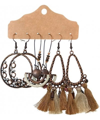 3 Pairs Bohemia Drop Dangle Earrings Boho Tassel Shell Fringe Pendant Earrings for Women Girls Holiday Birthday Gifts Brown-4...