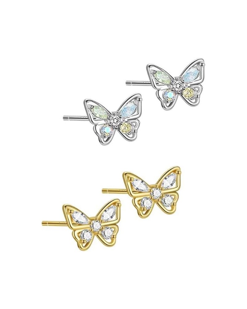 Charm Butterfly Hoop Earrings, 14K Gold Small Butterfly Dangle Earrings,Crystal Butterfly Drop Earring Silver rhinestones But...