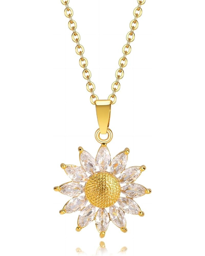 Sparkling Zircon Sunflower Pendant Necklace - 18K Gold/Silver Plated Stainless Steel 15.74+1.97inch Chain, Elegant Daisy Flow...