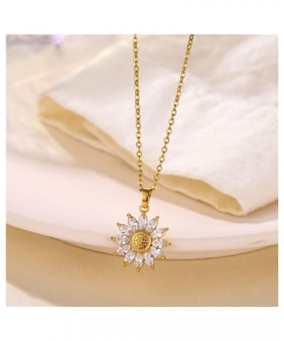 Sparkling Zircon Sunflower Pendant Necklace - 18K Gold/Silver Plated Stainless Steel 15.74+1.97inch Chain, Elegant Daisy Flow...