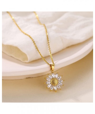 Sparkling Zircon Sunflower Pendant Necklace - 18K Gold/Silver Plated Stainless Steel 15.74+1.97inch Chain, Elegant Daisy Flow...