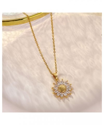 Sparkling Zircon Sunflower Pendant Necklace - 18K Gold/Silver Plated Stainless Steel 15.74+1.97inch Chain, Elegant Daisy Flow...