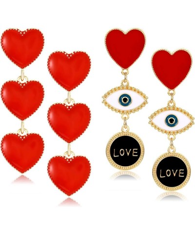 Valentine's Day Red Heart Earrings for Women Girls Evil Eye Rhinestone Red Heart Drop Dangle Earring Studs Holiday Earrings G...