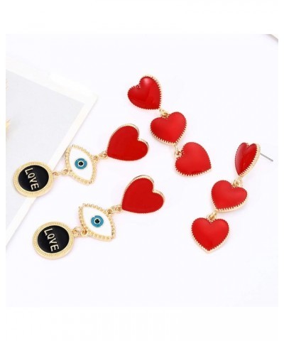 Valentine's Day Red Heart Earrings for Women Girls Evil Eye Rhinestone Red Heart Drop Dangle Earring Studs Holiday Earrings G...