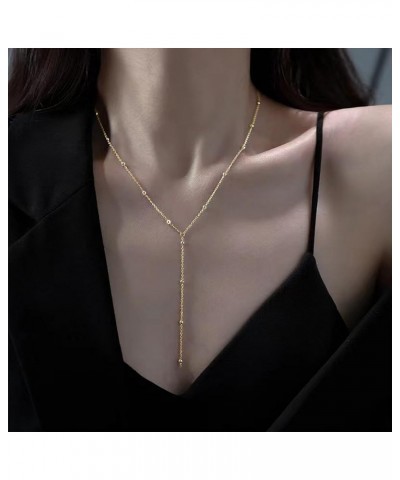 Trendy Long Gold Necklace for Women, Dainty Lariat Y Necklace 14k Gold Plated Layered Y-Shaped Satellite Beaded Pearl Chain D...