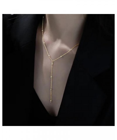 Trendy Long Gold Necklace for Women, Dainty Lariat Y Necklace 14k Gold Plated Layered Y-Shaped Satellite Beaded Pearl Chain D...