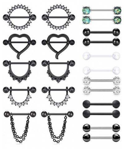 14G Nipple Rings Stainless Steel Straight Barbell Tongue Rings Nipplerings Piercing Women CZ Heart Chain Dangle Nipple Pierci...