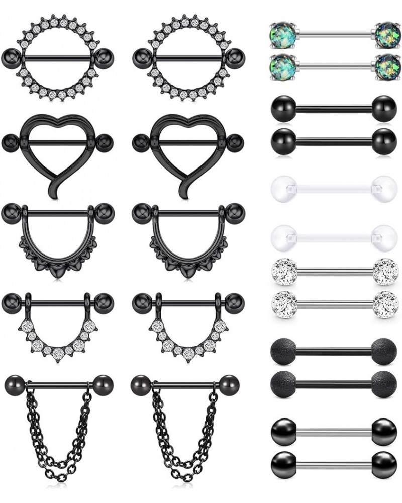 14G Nipple Rings Stainless Steel Straight Barbell Tongue Rings Nipplerings Piercing Women CZ Heart Chain Dangle Nipple Pierci...