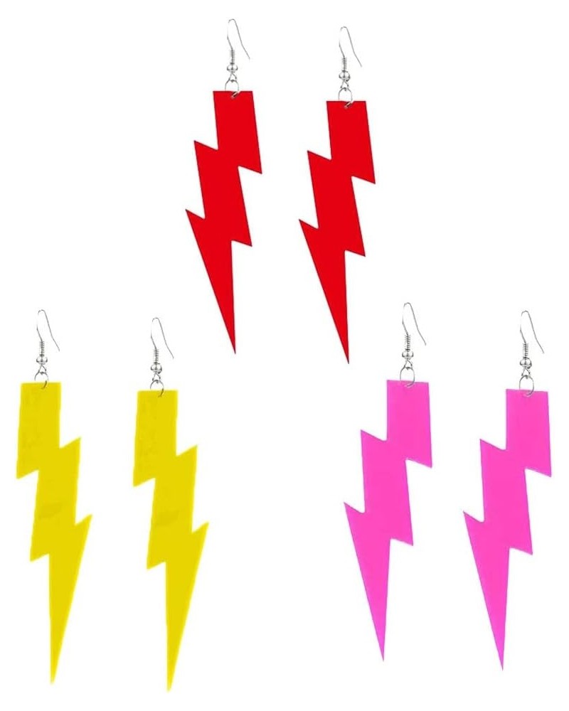 3 Pairs 80s Neon Earrings Acrylic Lightning Bolt Dangle Earrings Halloween Punk Retro 80's Party Earrings yellow,red,rose red...