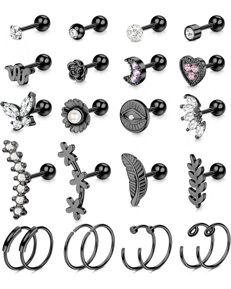 24PCS 16G Cartilage Earrings for Women Helix Tragus Piercing Earrings Flower butterfly Heart Stars Moon Stainless Steel Carti...