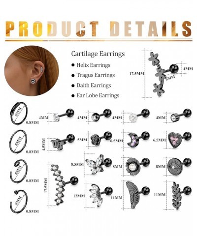 24PCS 16G Cartilage Earrings for Women Helix Tragus Piercing Earrings Flower butterfly Heart Stars Moon Stainless Steel Carti...