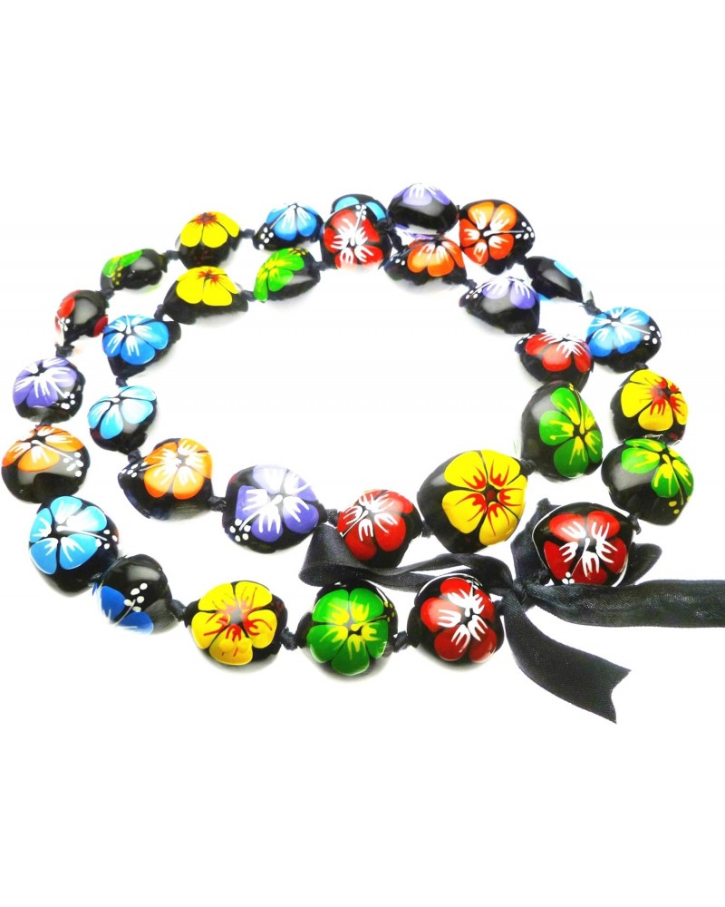 Hawaiian Style Kukui Nut Lei, Hand Painted Multi-Color Hibiscus 32 Inches $9.35 Necklaces