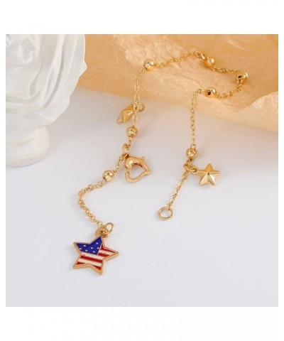 Dangle Star Anklet for Women Girls Gold Plated American Flag Star Tassel Beads Ball Link Chain Ankle Bracelet Foot Chain Ankl...