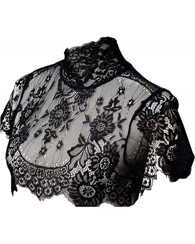 Women's Charm Elastic Lace Turtleneck Fake Collar Short Sleeve Rose Half Blouse Pullover Lining Collar Black $11.59 Necklaces