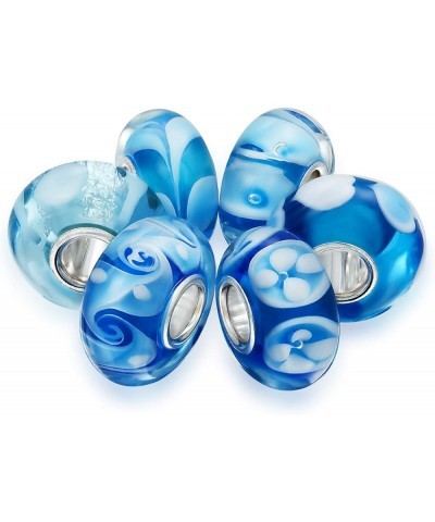 Mixed Set Of Bundle .925 Sterling Silver Core Translucent Shades White Blue Green 3D Flower Floral Murano Glass Swirl Charm B...