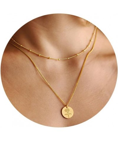 Birth Flower Necklace 18K Gold Plated Necklaces for Women Disc Cuban Birthday Jewelry Gifts for Women Girls 12 Month layered ...