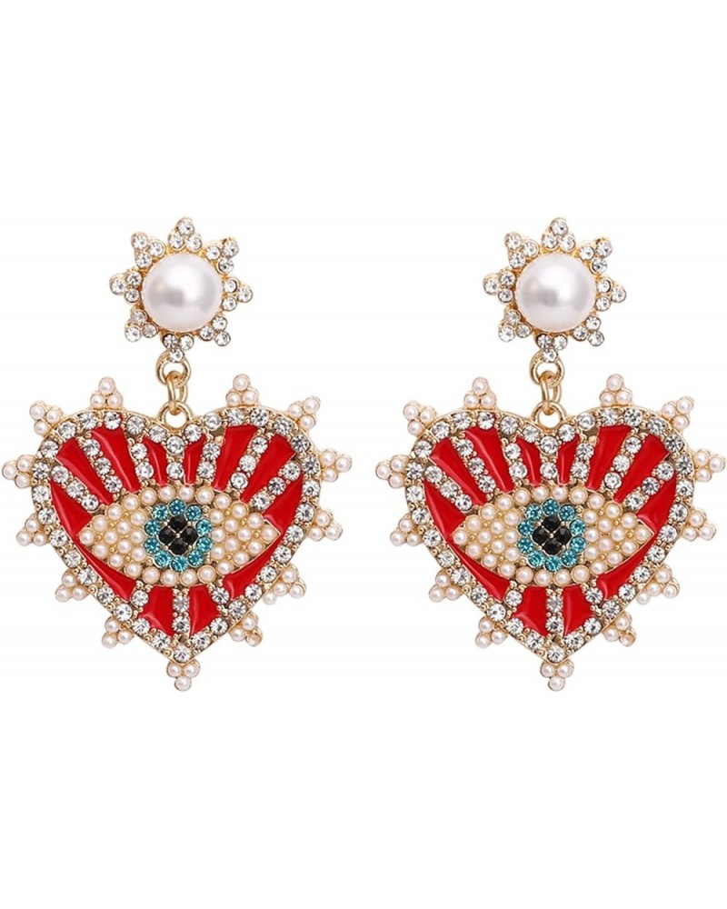 Evil Eye Earrings-Statement Heart Crystal Drop Earrings for Women, Big Dangle Earrings Red Heart $8.84 Earrings