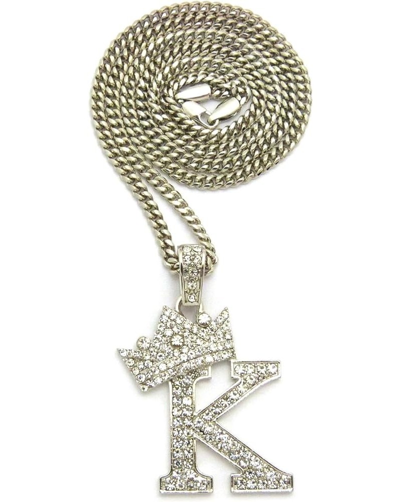 King Crown Alphabet Initial Pendant 3mm 24 inches Cuban Chain Necklace in Gold, Silver Tone K - Silver $13.80 Necklaces