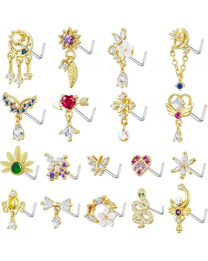 18Pcs 18G Nose Rings L Shape Nose Ring Stud for Women-Butterfly Nose Ring - Heart Nose Ring- Gold Nose Studs for Women 1-gold...