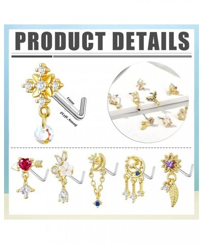 18Pcs 18G Nose Rings L Shape Nose Ring Stud for Women-Butterfly Nose Ring - Heart Nose Ring- Gold Nose Studs for Women 1-gold...