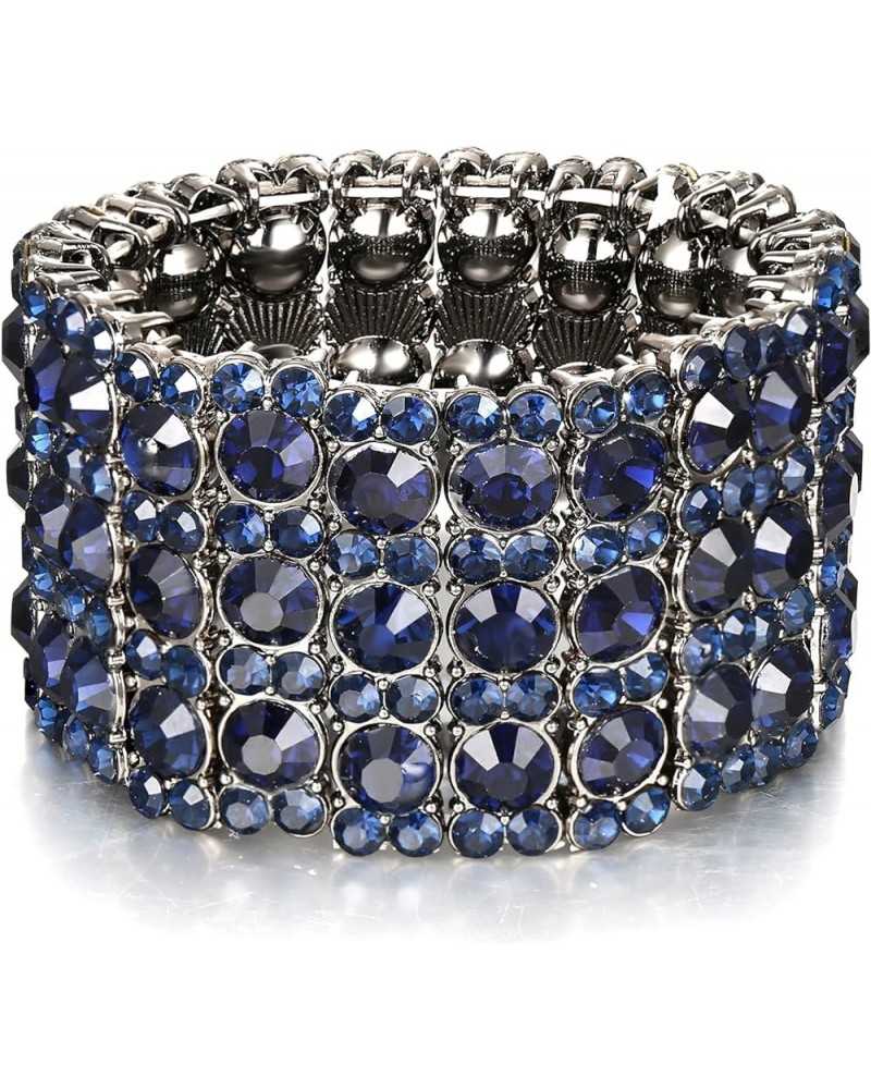 Women's Round Shaped Austrian Crystal Wedding 3 Layers Luxury Elastic Stretch Bracelet Sapphire Blue Black-Tone $12.18 Bracelets