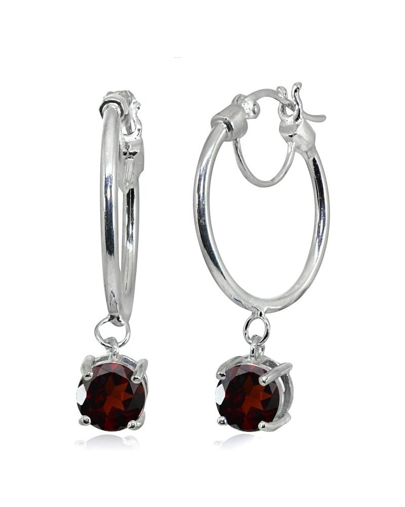 Sterling Silver Round Hoop Earrings with Dangling Genuine, Created or Simulated Gemstones Garnet $16.10 Earrings