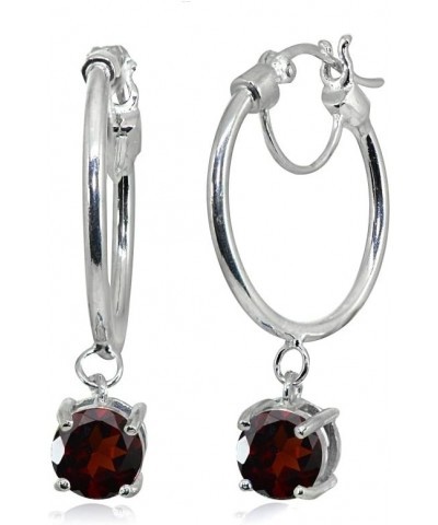 Sterling Silver Round Hoop Earrings with Dangling Genuine, Created or Simulated Gemstones Garnet $16.10 Earrings