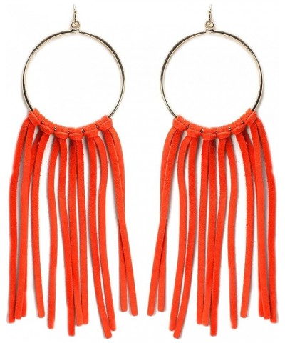 Bohemian Statement Light Weight Round Hoop With Genuine Suede Leather Fringe Tassel Fashion Earring for Women and Girls ORANG...