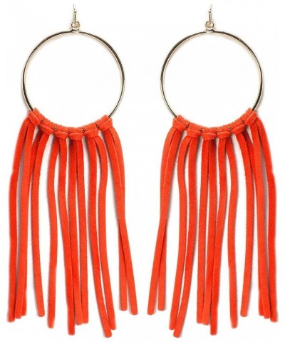 Bohemian Statement Light Weight Round Hoop With Genuine Suede Leather Fringe Tassel Fashion Earring for Women and Girls ORANG...