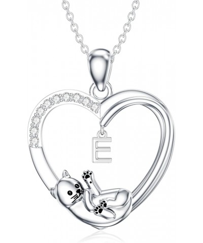 Cat Heart Necklace with Initial Silver Cat Initial Necklace 26 Alphabets Cat Jewelry Gift for Women Girls E $29.28 Necklaces