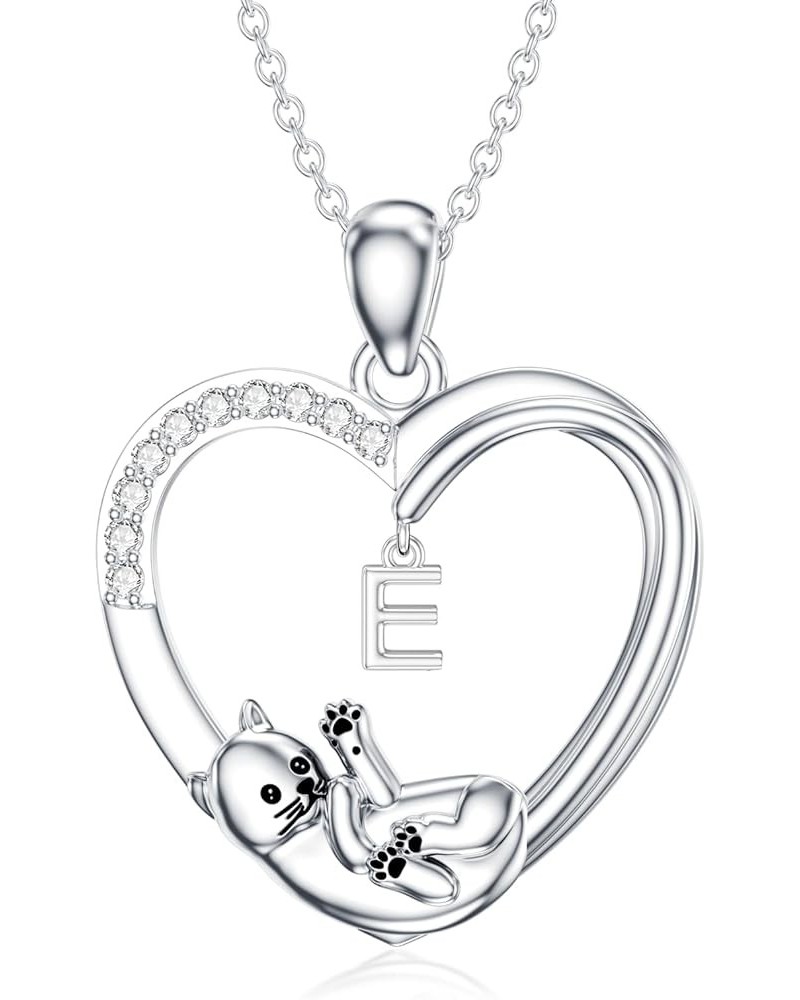 Cat Heart Necklace with Initial Silver Cat Initial Necklace 26 Alphabets Cat Jewelry Gift for Women Girls E $29.28 Necklaces