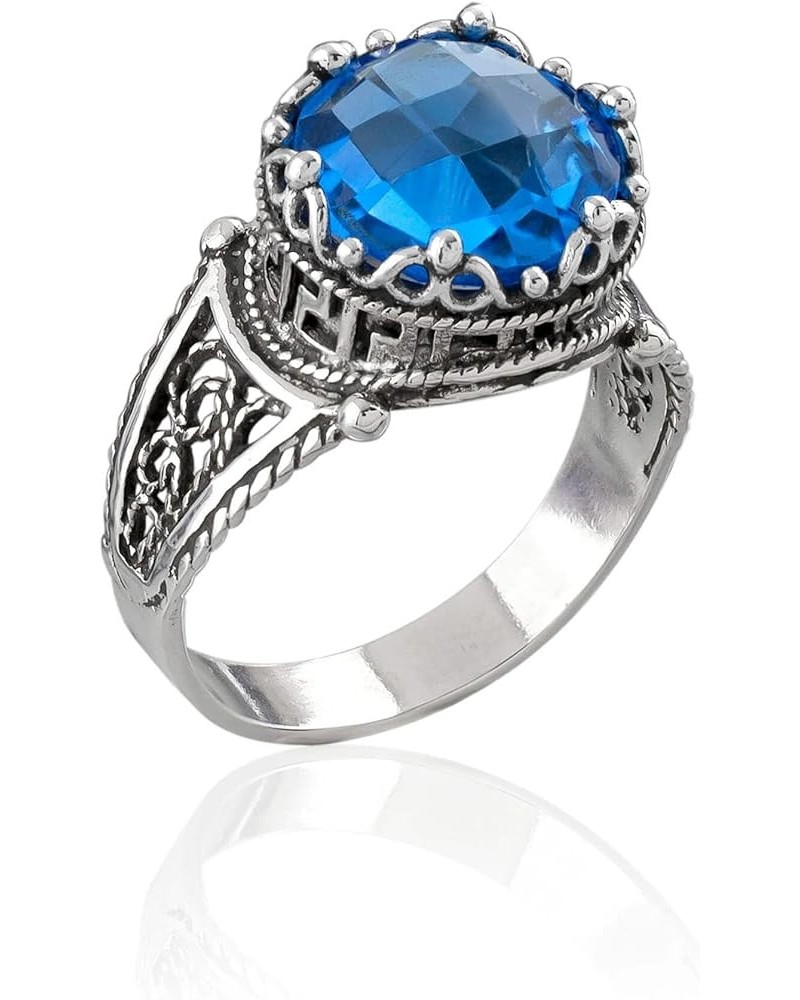 925 Sterling Silver Filigree Art Meander Greek Key Figured Everyday Use Woman Cocktail Ring, Gift Boxed Blue Quartz $22.94 Rings