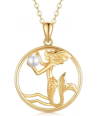 Solid 14K Gold Mermaid Pendant Necklace Fairytale Mermaid Pearl Necklace for Women Girls Dainty Jewelry Gifts for Her, 16''-1...