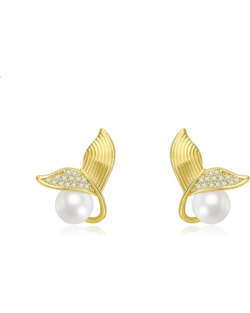 18k Gold Plated Fish Tail Stud Earrings Mermaid Tail Pearl Drop Earrings Whale Tail Hypoallergenic Earrings big pearl $9.43 E...