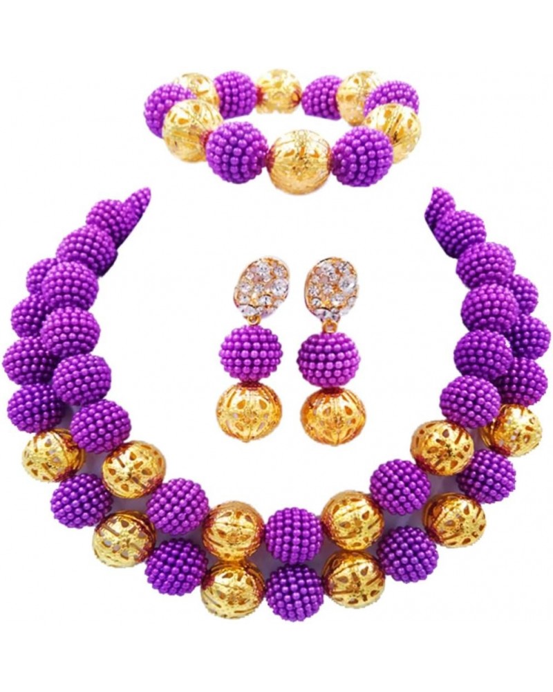 Fashion Nigerian Wedding African Beads Jewelry Set for Women Simulated Pearl Necklace and Earrings Purple $12.74 Jewelry Sets