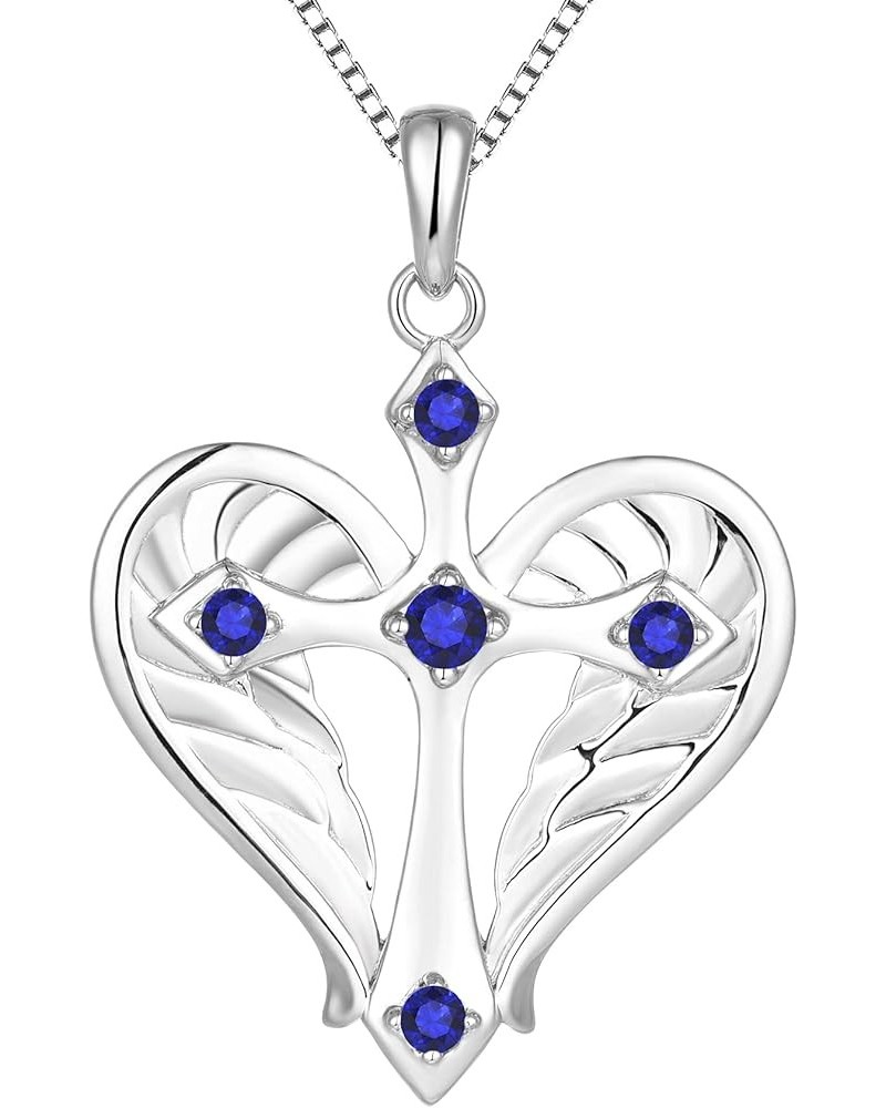 Cross Necklace 925 Sterling Silver Heart Angel Wings Pendant Necklace for Women 09-Sapphire-Sept-Silver $33.54 Necklaces