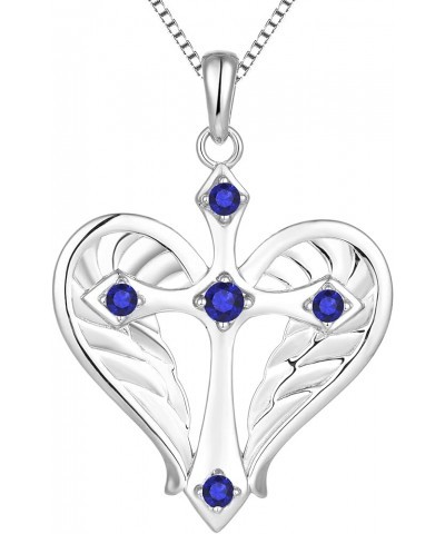 Cross Necklace 925 Sterling Silver Heart Angel Wings Pendant Necklace for Women 09-Sapphire-Sept-Silver $33.54 Necklaces